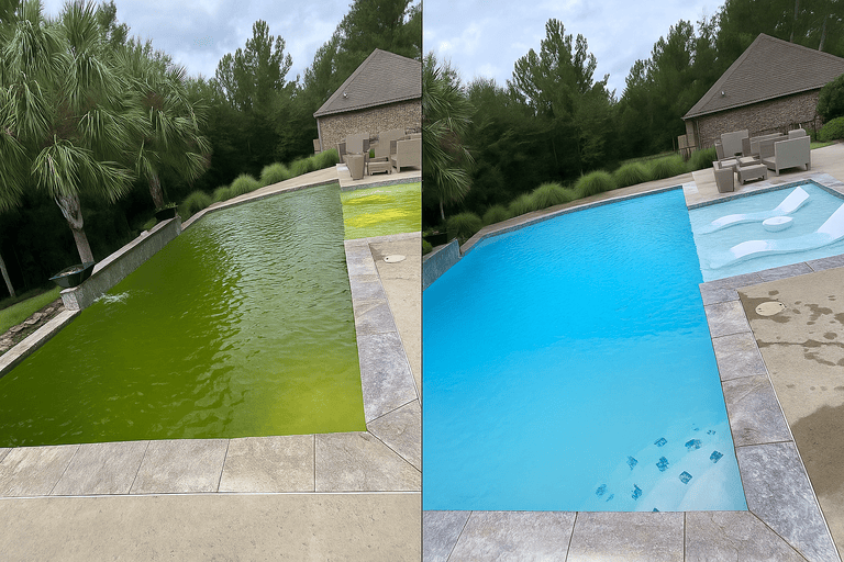 Before and after pool cleaning comparison showing transformation from cloudy to crystal clear water